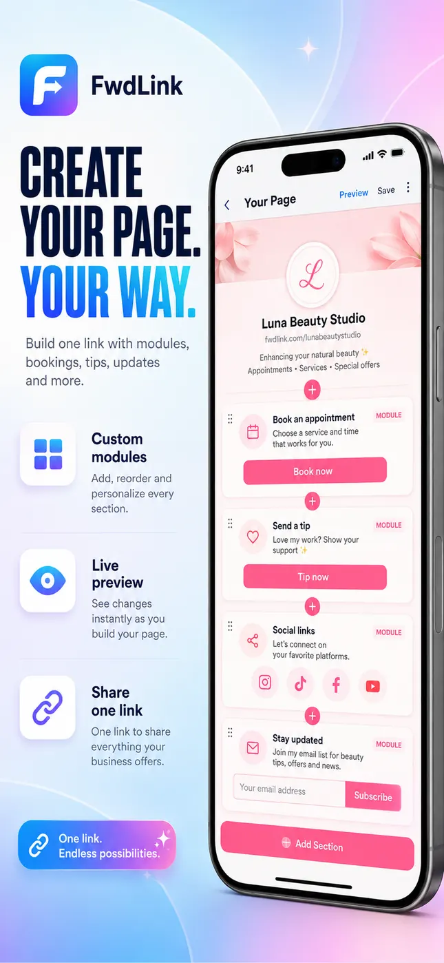 The page builder for a beauty studio, with reorderable sections for booking an appointment, tips, social links, and email signup.