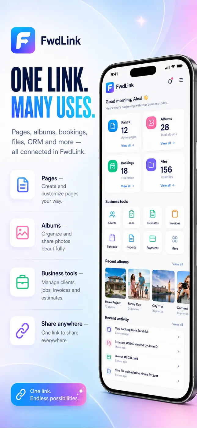 FWDLink app home screen with counts for pages, albums, bookings, and files, shortcuts to clients, jobs, estimates, and invoices, and a recent activity list.
