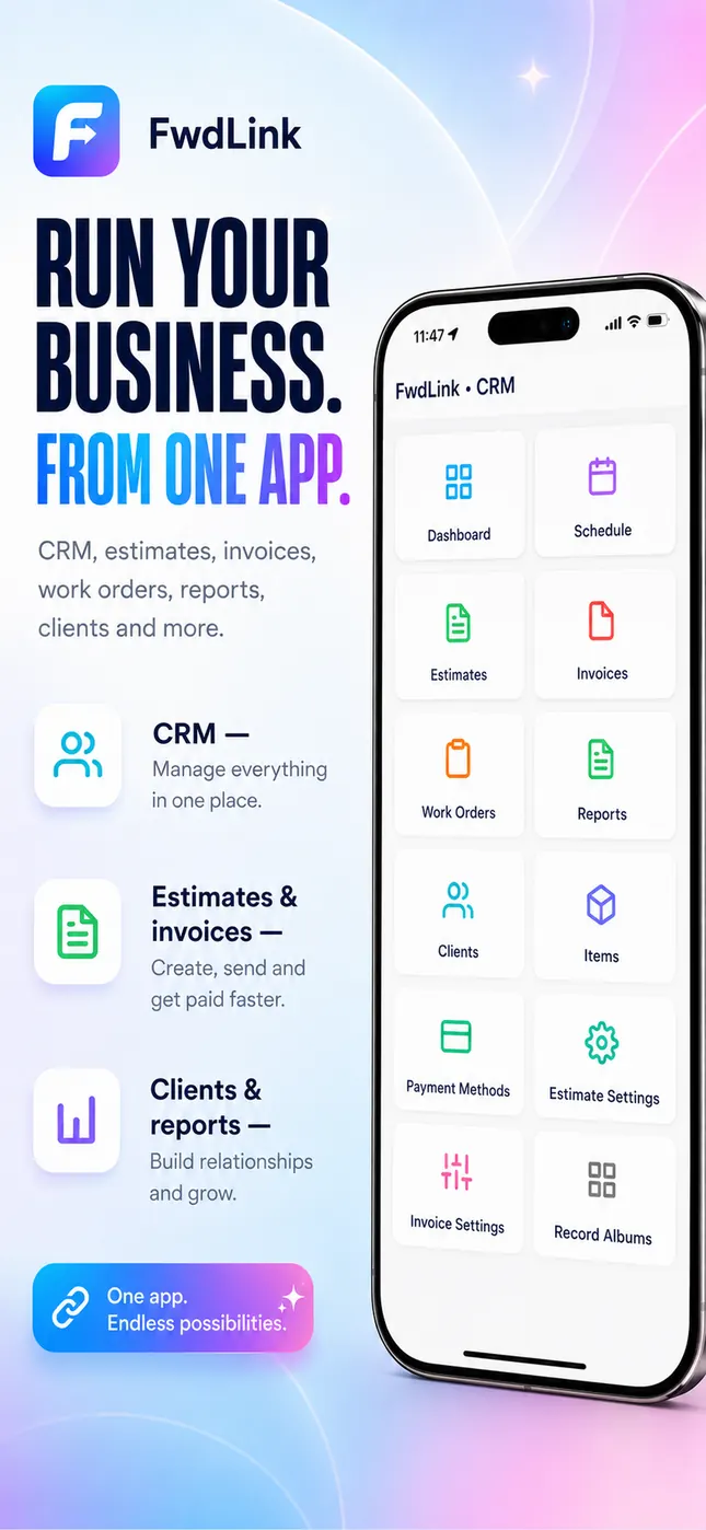 The business menu with tiles for dashboard, schedule, estimates, invoices, work orders, reports, clients, items, and payment methods.
