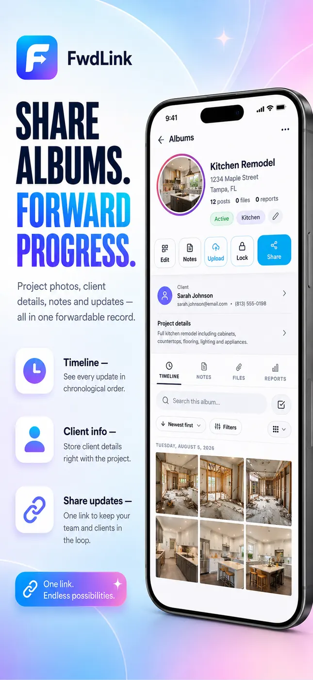 A kitchen remodel album with the client’s contact details, notes, files, dated progress photos, and buttons to lock or share it.