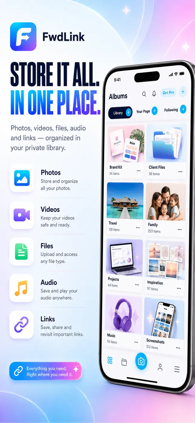 The content library screen showing albums for brand files, client files, travel, family, projects, music, and screenshots with item counts.