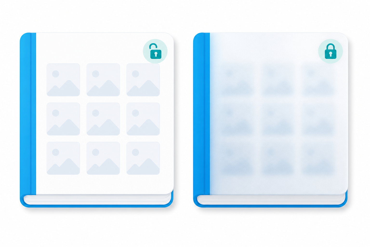 Side-by-side comparison of the same album: on the left, an unlocked album with an open padlock showing its photo thumbnails clearly; on the right, the locked album with a closed padlock and blurred, unreadable thumbnails.