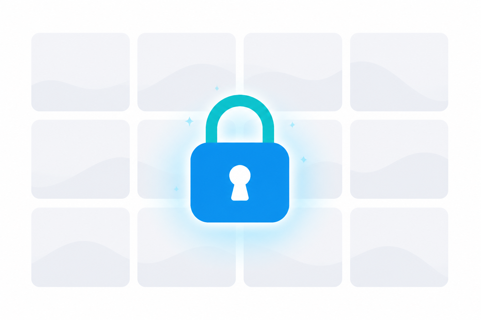 Illustration of Album lock: a glowing blue padlock sitting over a grid of blank photo thumbnails, showing that one album’s photos stay hidden until the PIN is entered.