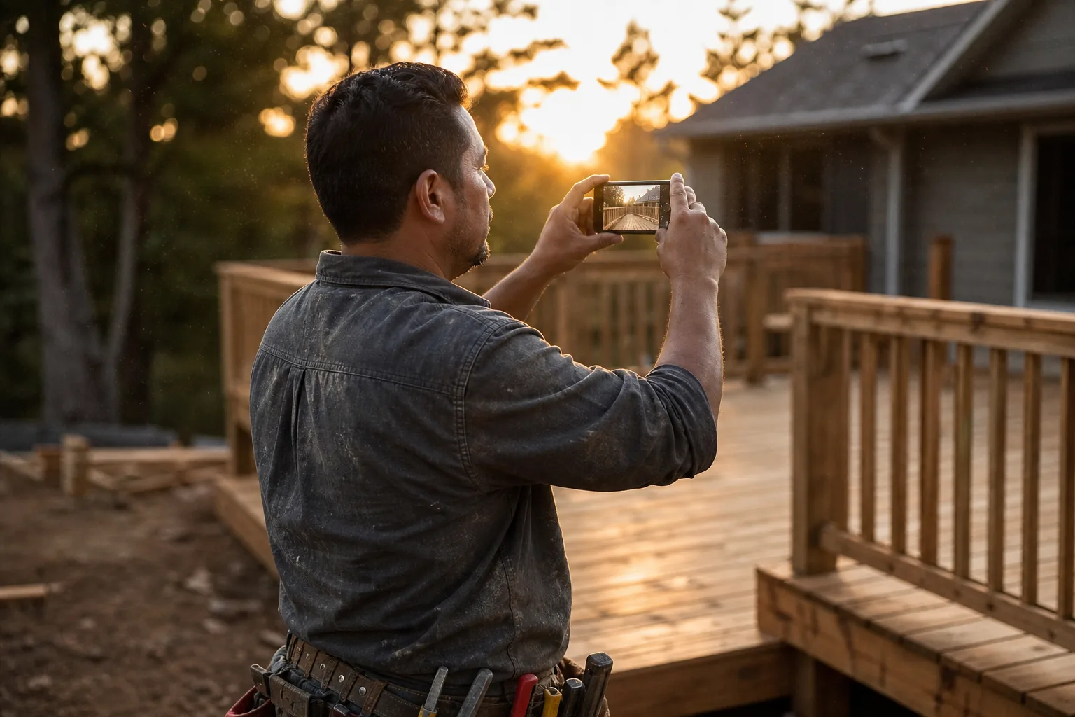 A contractor on a jobsite at golden hour photographing his finished cedar deck with his phone