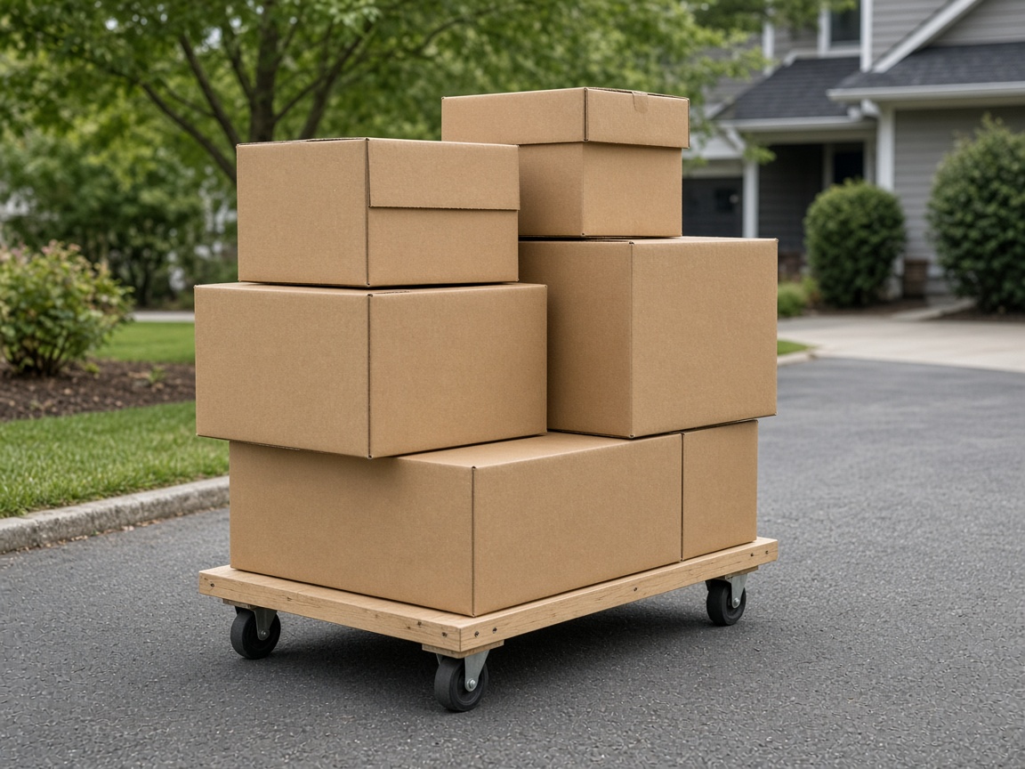 Moving boxes stacked in a driveway