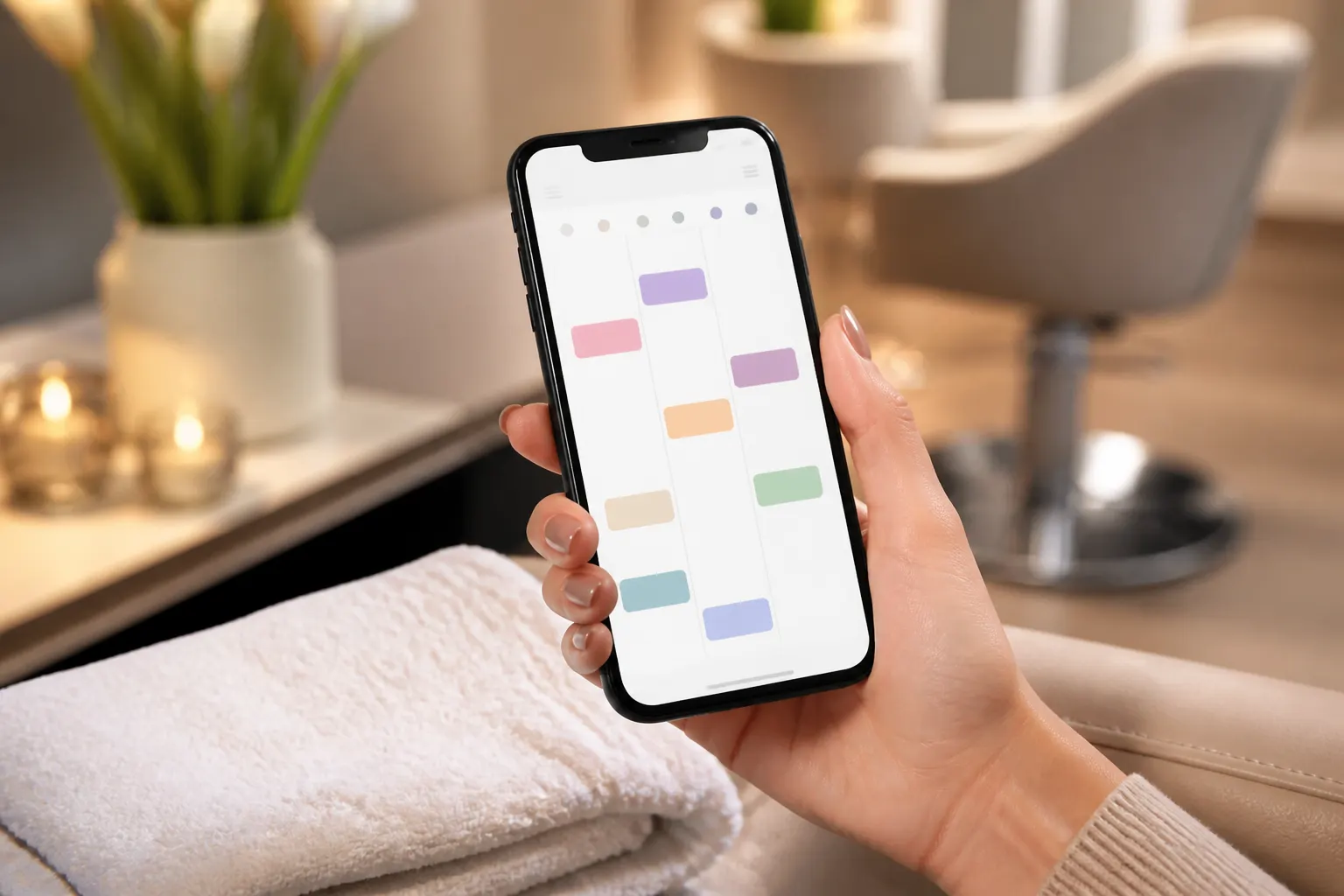 Booking UI on a phone in a beauty studio