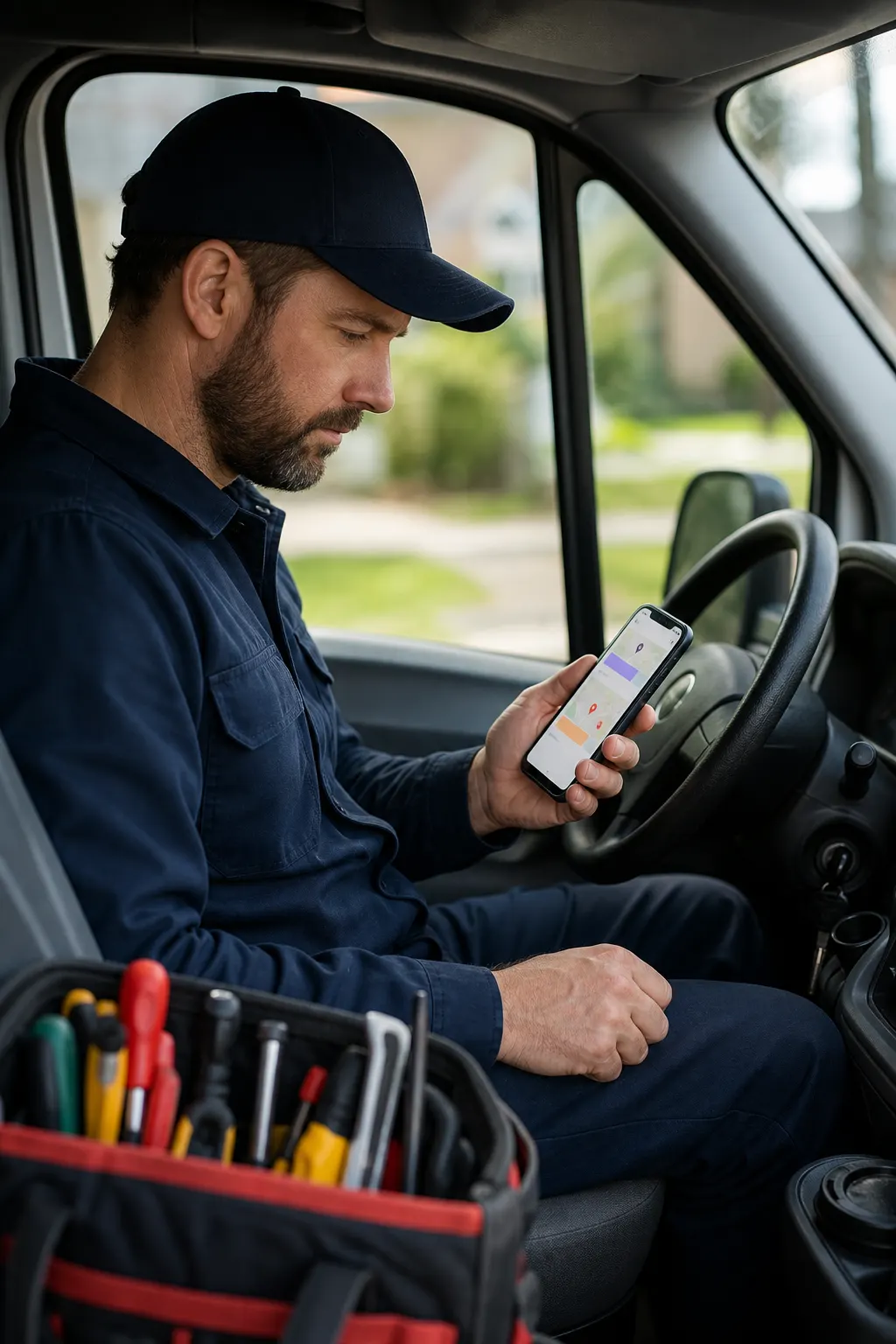 Pro checking schedule on a phone between stops