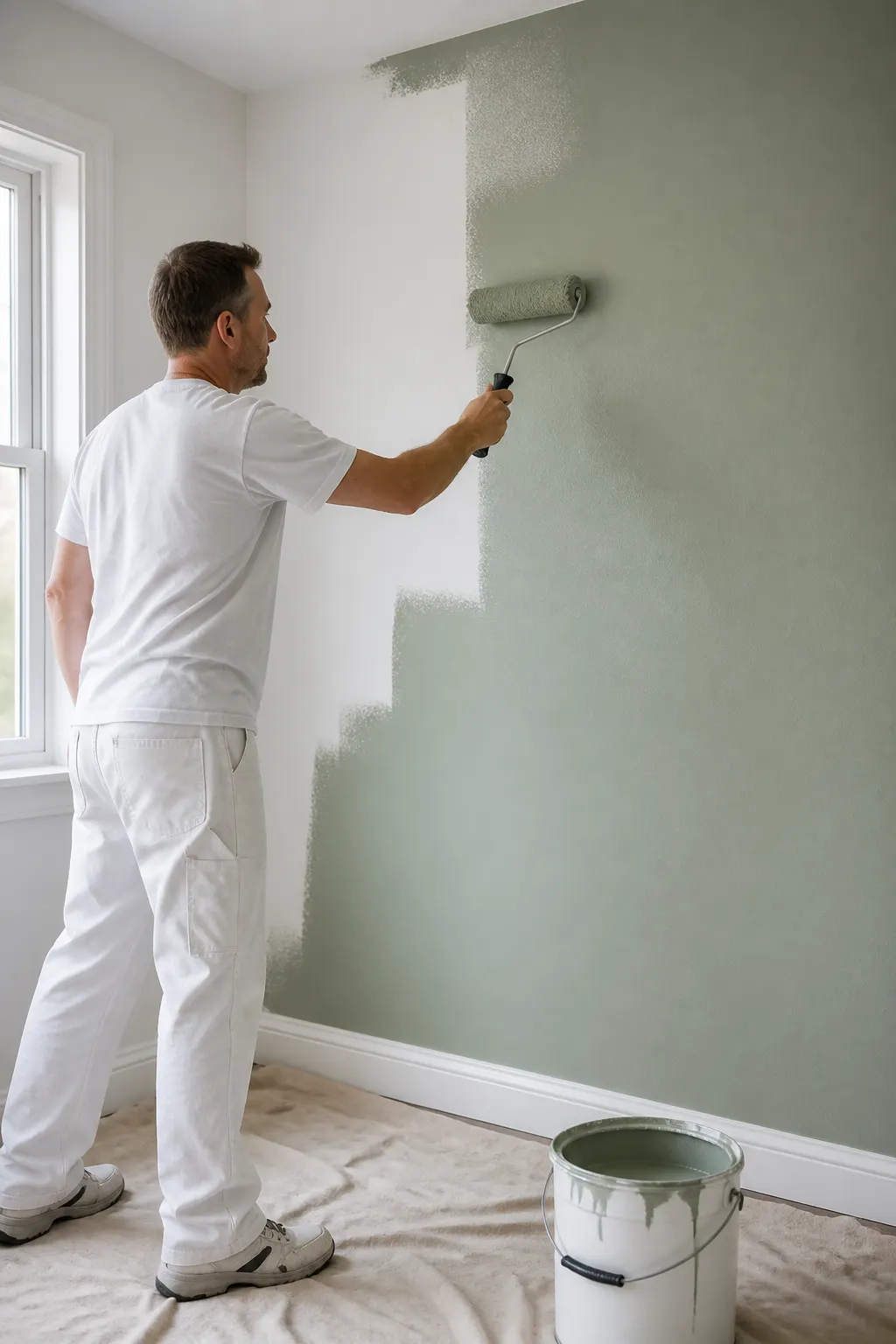 Painter rolling a fresh coat on an interior wall