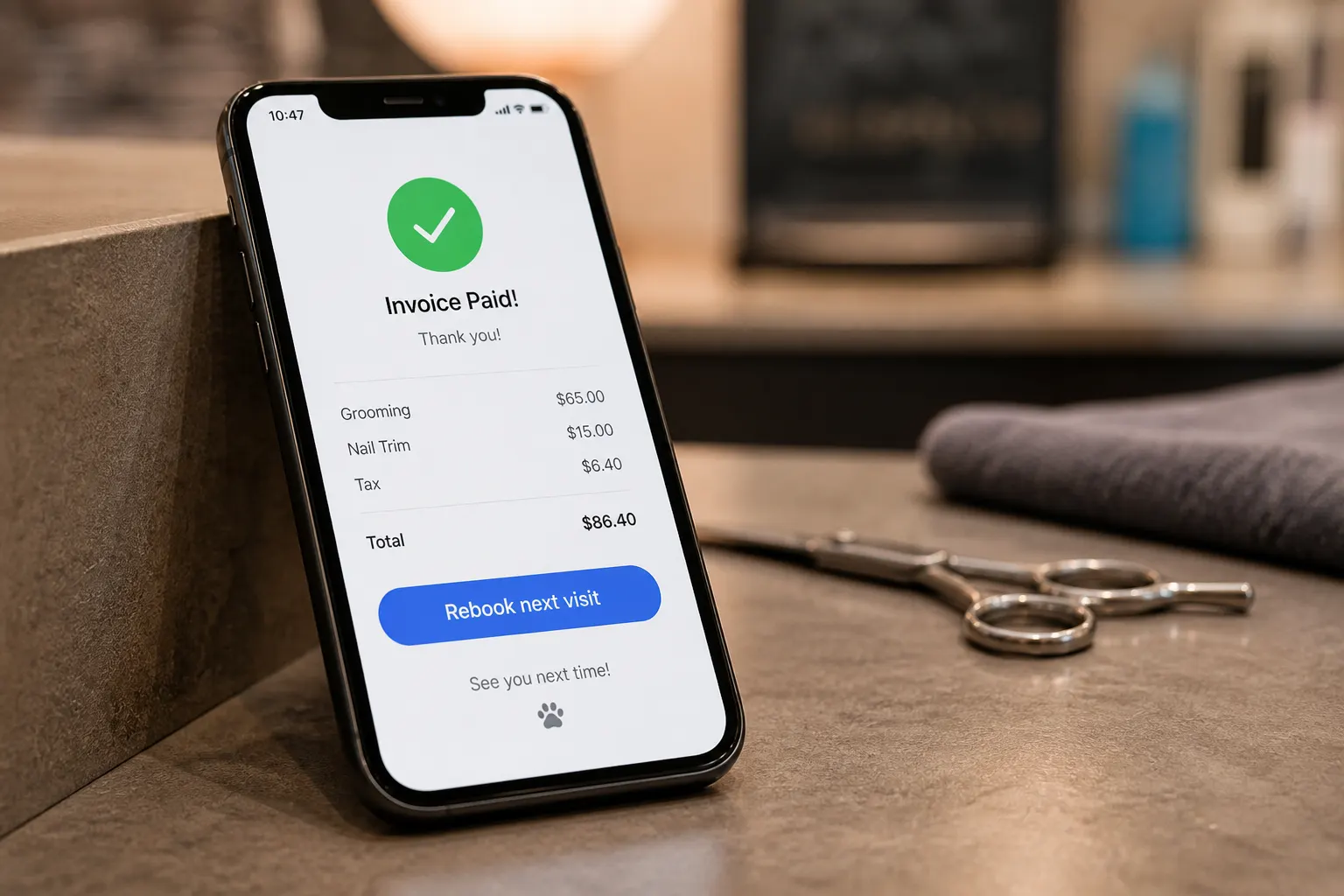 Phone with paid invoice and rebook prompt after a groom