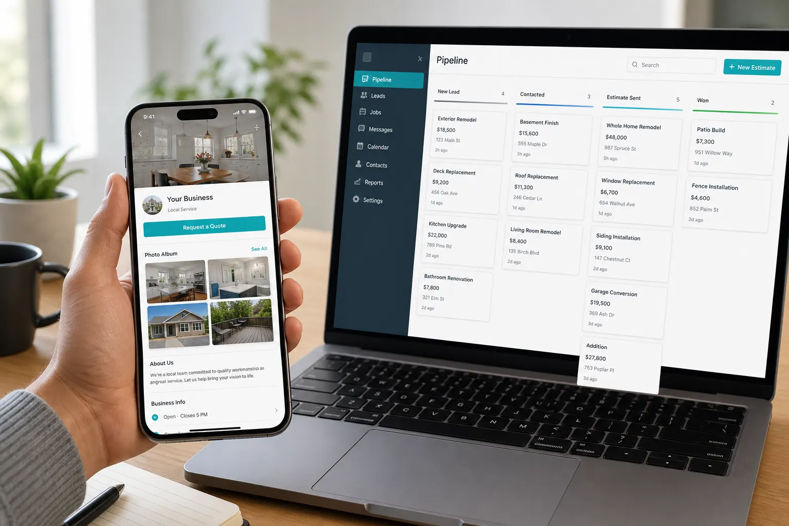Public page on phone beside CRM pipeline on laptop