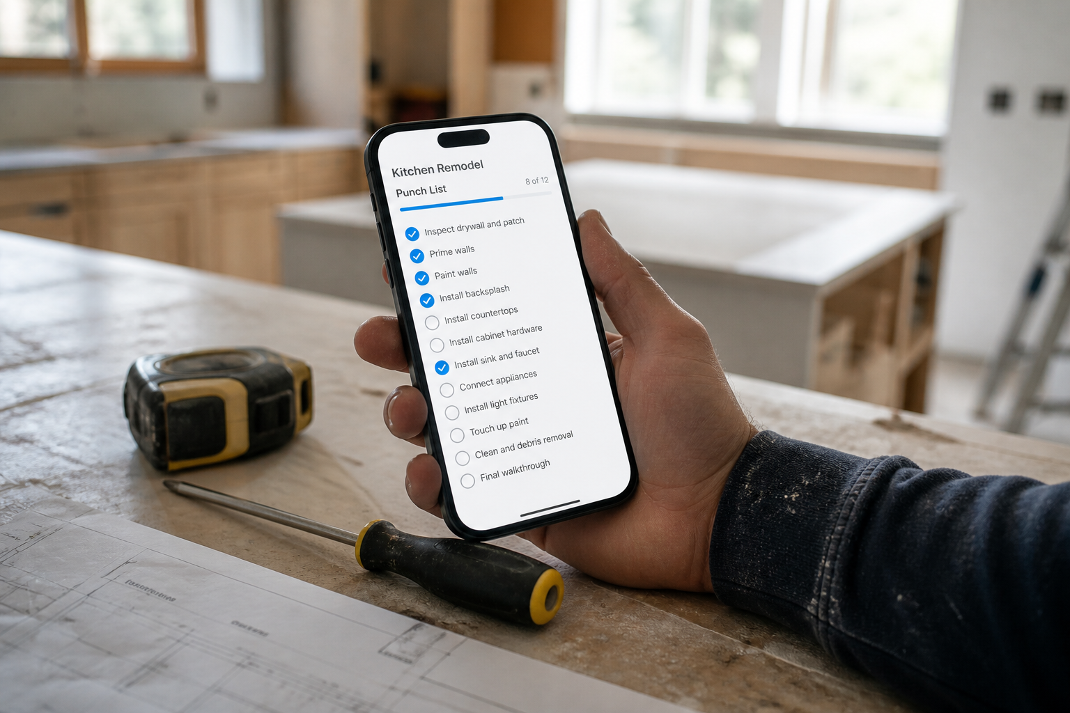 Punch list on a phone at a remodel site