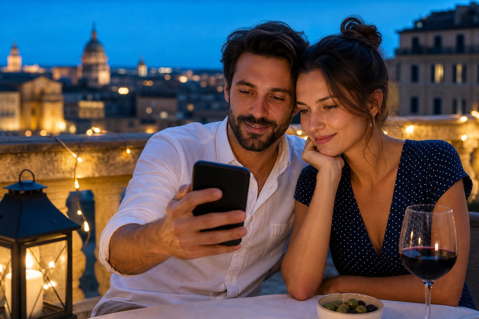 Travelers reviewing the day’s photos together in the evening