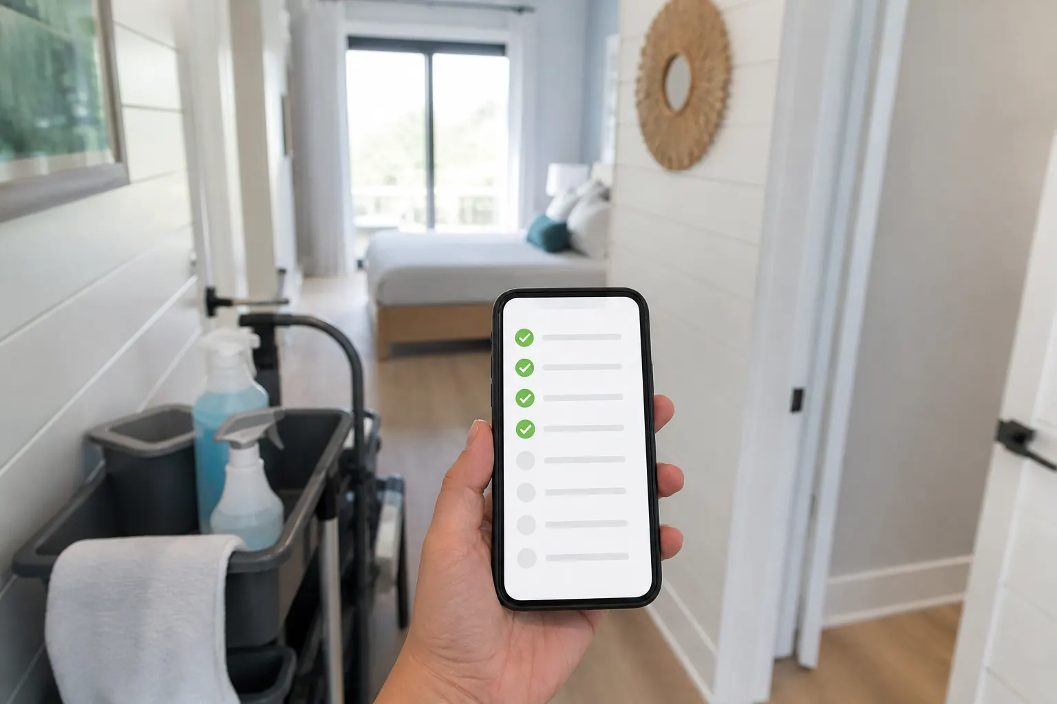 Turnover checklist on a phone in a vacation rental bedroom