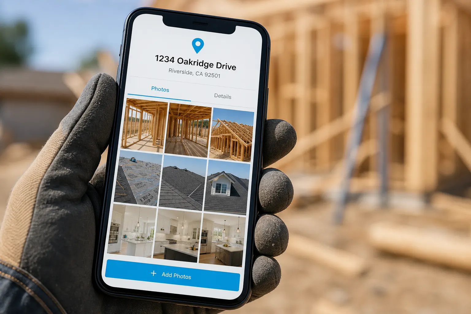 Phone showing a jobsite photo album organized by job address