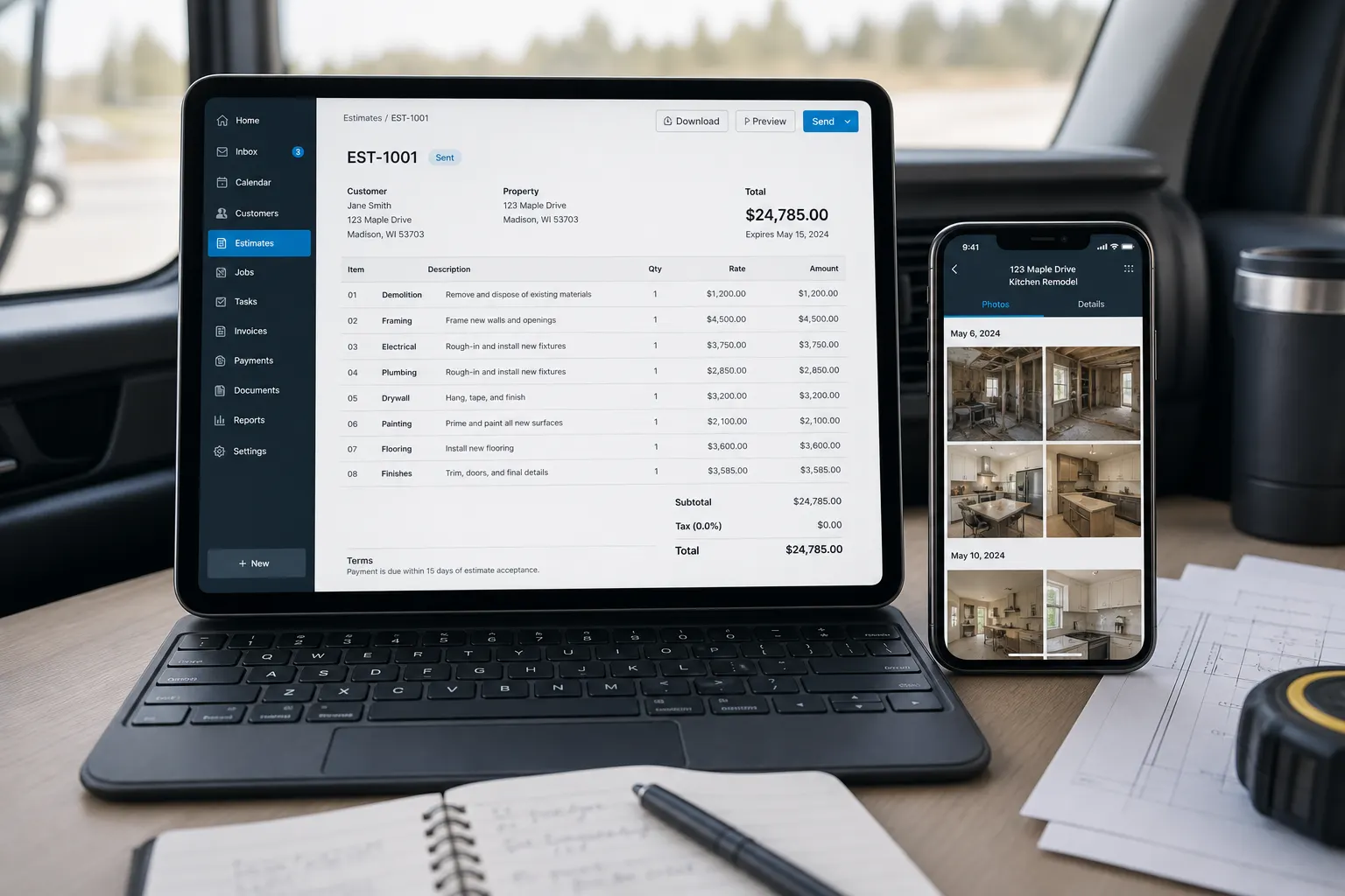 Estimate and invoice flow on tablet and phone